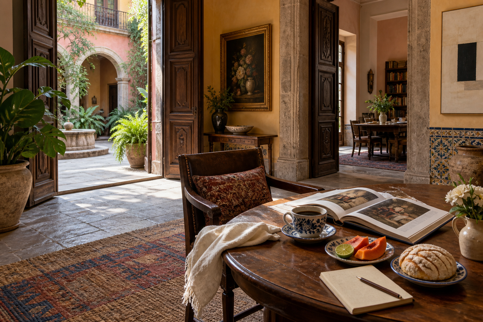 Scena immaginata di una dimora messicana: patio luminoso, arte, libri e una colazione raccolta per una persona.