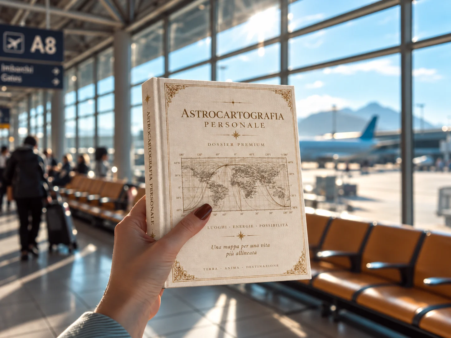 Il Dossier di Astrocartografia Personale, fotografato davanti alla vetrata di un aeroporto.